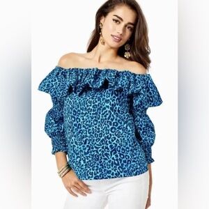 Lilly Pulitzer Beatrix Blue Leopard Print Blouse Top NWT $129